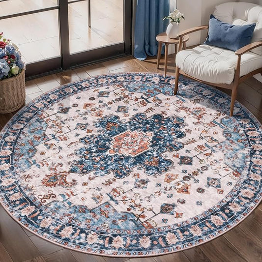 Tangsoo Vintage Round Rug 4ft, Washable Circle Rug, Non Slip Small Boho Round Rug, Low Pile Circular Rugs, Round Carpet for Bedroom,Entryway,Nursery,Dorm,Kitchen,Blue/Orange