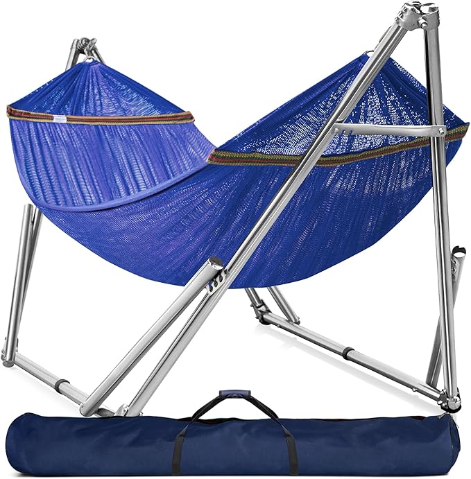 Tranquillo Double Hammock with Stand 650lb Capacity Double Hammock with Spreader Bar, Solid Grade 201 Stainless Steel 30s Set Up, Sturdy Flexible Hammock Stand Portable (Blue)