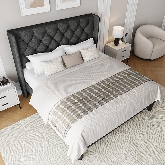 Queen Size Upholstered Bed Frame with Wingback Headboard, Fabric Linen Platform Bed, 8" Under Bed Storage, Wooden and Metal Slats Support, Noise Free, No Box Spring Needed, Dark Grey