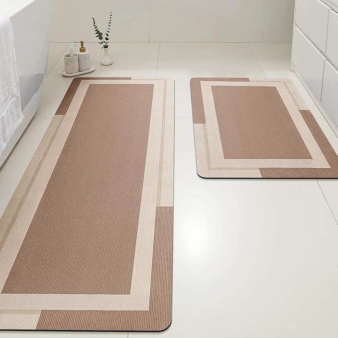 Ultra Thin Bath Mats Fit Under Door 2 piece, Upgrade Backing Non Slip Bath Mat, Quick Dry absorbent Bath Mat, Machine Washable Bathroom Rug for Bathroom Floor, Bathtub, Kitchen, Taupe, 24"x17"+48"x20"