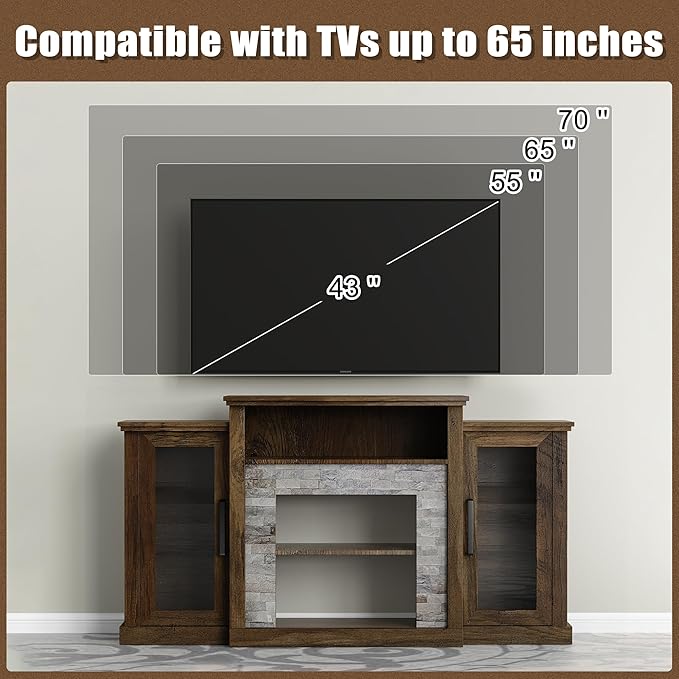 59 inch TV Stand, 32 inch Tall Entertainment Center with Printed Stone Texture, Farmhouse Console Table with Display Storage Cabinets for Living Room, Bedroom, Study, Rustic Brown