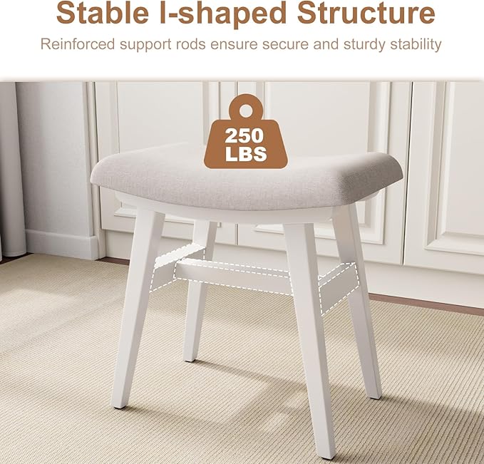 Solid Wood Small Vanity Stool, Compact Makeup Chair with Saddle Cushion, Linen-Covered High Rebound Sponge Seat, Easy Assembly Footstool for Bedroom, Entryway, Home, White