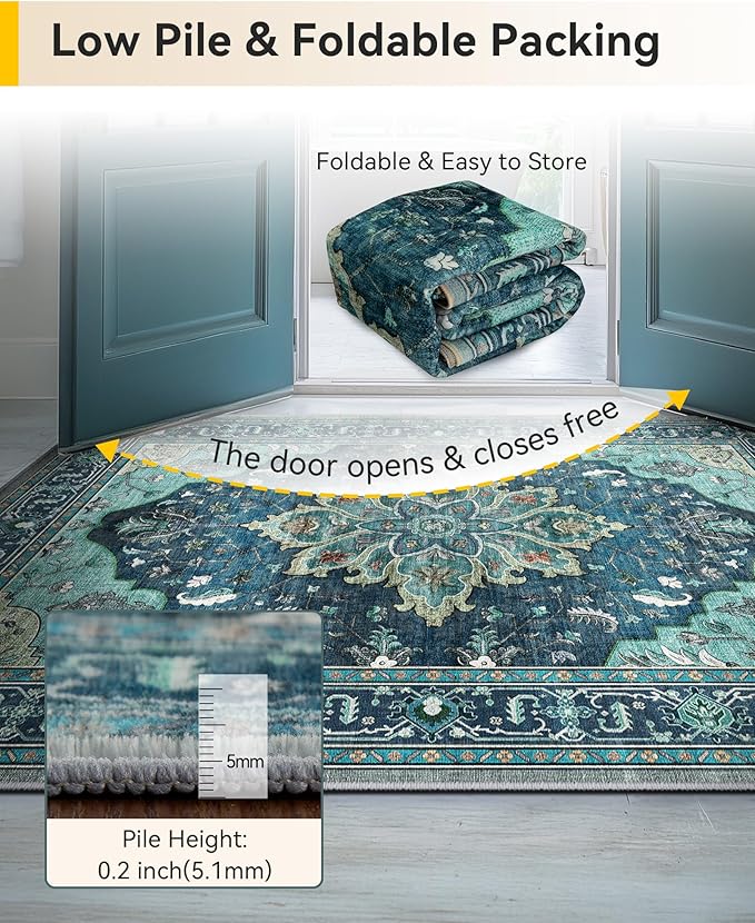 Area Rugs 3'x5' Washable Non-Slip, Floral Vintage Distress Print Pattern Medallion Carpet for Living Room Bedroom Dining Room, Teal Green Lake Blue Turquoise