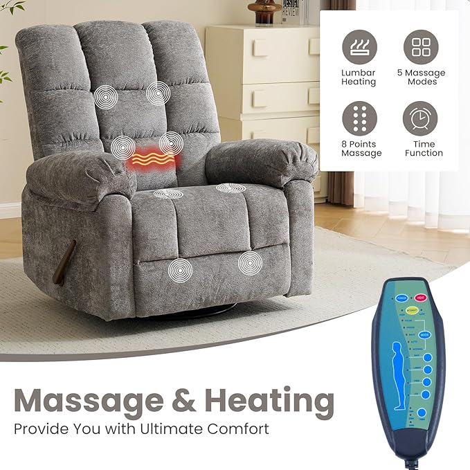 Oversized Swivel Rocker Recliner with Massage and Heat, 26" Extra Wide Manual Recliner for Adults & Big Man, Overstuffed Rocking Chair with High Back for Living Room, Grey Chenille