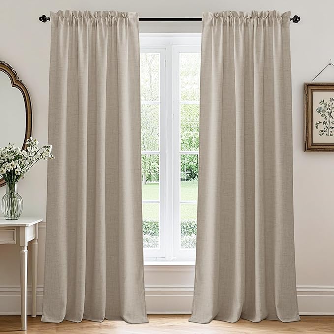 RYB HOME Natural Beige Linen Sheer Curtains 90 inches Long for Living Room and Dining Room, Weave Textured/Rod Pocket, Light Filtering Sheer Curtains and Drapes, W 52 x L 90 inches, 2 Panels Set