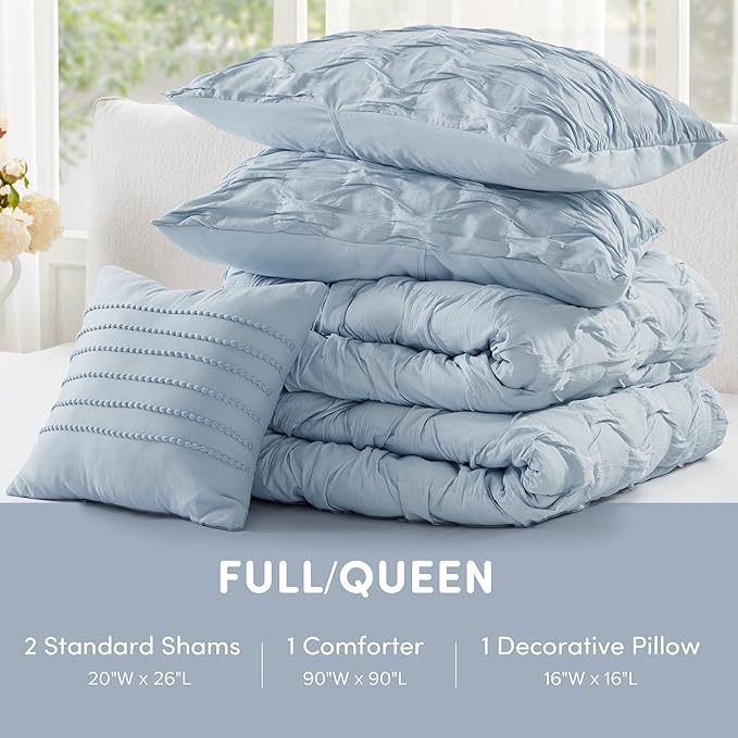 Comfort Spaces Comforter for Queen Size Bed, Ogee Ruched with Crinkle Texture, Breathable Comforter Set Queen, All Season Lightweight Bedding Set, Shams, Décor Pilow, Full/Queen Blue 4 Piece