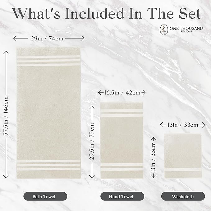 Zero Twist Bathroom Towel Set - Luxury Bath Towel Sets for Bathroom, Hands, and Washcloths - Quick Dry and Absorbent - 6 Pieces, 3 Stripe, Sand