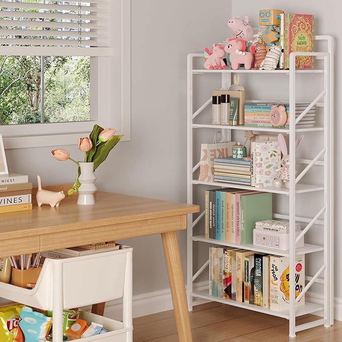 JSB No Assembly Folding Bookshelf, 5 Tier Industrial Metal Book Shelf for Storage, Vintage Wood Foldable Bookcase for Living Room, Bedroom, Office Organization Shelves