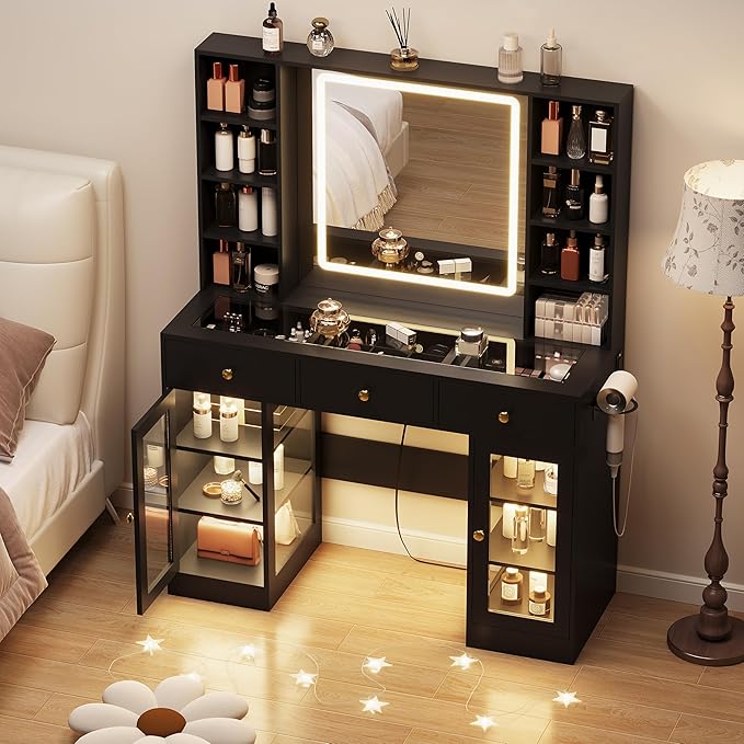 Black Vanity Desk with Mirror and Lights, 43.4" Makeup Vanity Table Set with Lighted Mirror & RGB Glass Cabinet, 3 Drawers, Glass Top Dressing Table with Large Shelves for Girls, 3 Color Modes