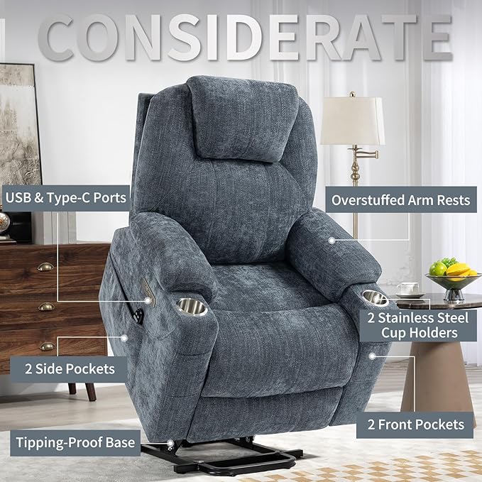 Power Lift Chair with Massage & Heat, Electric Recliner Chairs for Adults, Remote Control, Sofa for Living Room, Standing Assistance, USB Ports, Stainless Steel Cup Holders (Chenille Blue)