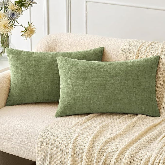 MIULEE Pack of 2 Couch Throw Pillow Covers 14x22 Inch Spring Soft Sage Green Chenille Pillow Covers for Sofa Living Room Solid Dyed Pillow Cases
