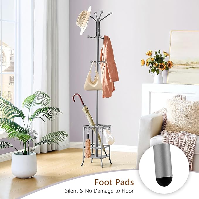 Hoctieon Coat Rack Freestanding With Umbrella Holder, Metal Coat Tree With 12 Hooks, Standing Hanger for Entryway, Hat Rack for Home Office, Gray