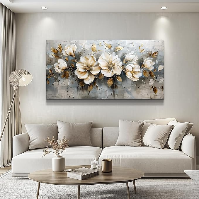 PHAOHUAXM Canvas Wall Decor For Bedroom Wall Art For Living Room Office Decor White Flowers Wall Paintings Abstract Picture Modern Artwork Posters kitchen Restaurant Home Decor Aesthetic 20"x40"