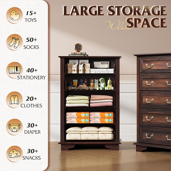 WLIVE Farmhouse Dresser for Bedroom, Tall Wood Dresser with 5 Drawer, Chest of Drawers with Roman Metal Handle for Living Room, Hallway, Closet, Brown