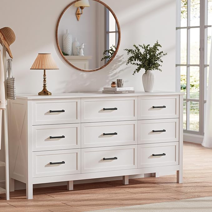 LYNSOM Farmhouse 9 Drawers Dresser for Bedroom, 55" Wide Wood Rustic Chest of Drawers with Natural Texture, Metal Handle, Storage Dressers Organizer for Entryway, Hallway, White