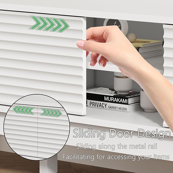 Fluted TV Stand for 55 65 Inch TV, Mid Century Modern Entertainment Center with Shelves, Cabinets & Sliding Doors, TV Media Console Table with Wood Feet & Cord Holes for Living Room, Bedroom, White