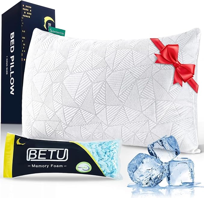 BETU Cooling King Size Pillow, Shredded Memory Foam Cool Pillow for Hot Sleepers, Adjustable Firm Soft Support Bed Pillows Perfect for Back Neck Pain and Side Sleeping with Pillows Case Cover, White