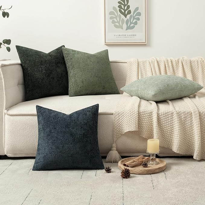 MIULEE Pack of 4 Couch Throw Pillow Covers 20x20 Inch Neutral Green Soft Decorative Chenille Pillow Covers Farmhouse Accent Cushion Covers for Boho Home Decor Spring Sofa Bedroom Living Room
