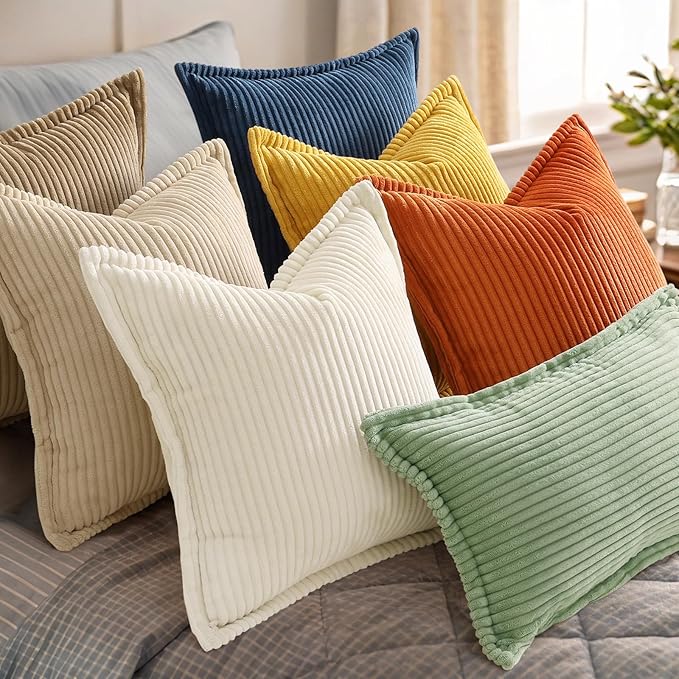 decorUhome Corduroy Navy Blue Throw Pillow Covers 16x16 Set of 2 Decorative Soft Boho Striped Neutral Euro Farmhouse Couch Pillow Covers with Broadside for Living Room Bed Sofa