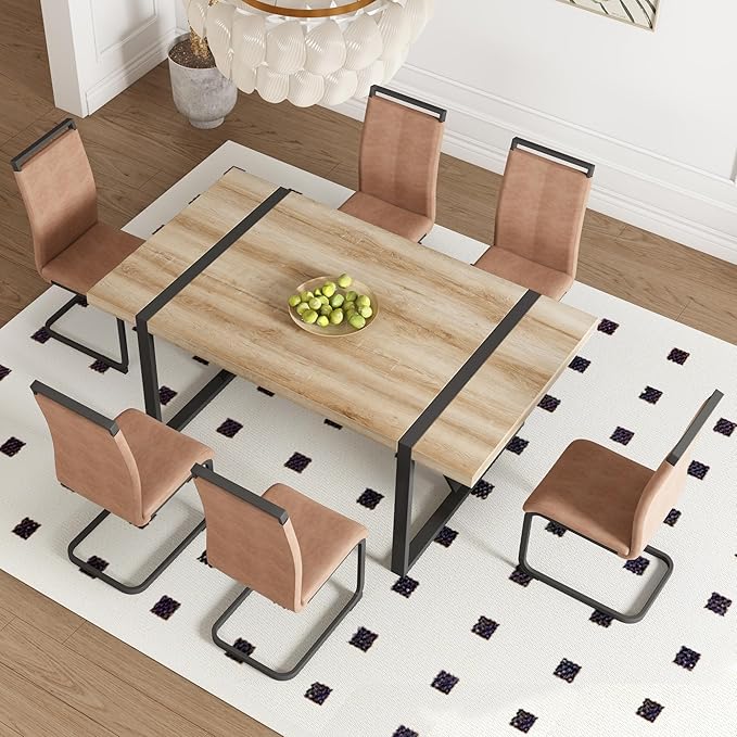 Dining Table Chairs Set for 6, Modern Rectangular Dining Room Table Set PU Leather Upholstered Dining Chairs 71" Dinner Table Set for Kitchen, Dining Room (71 Inch Brown Table+6 Chairs)