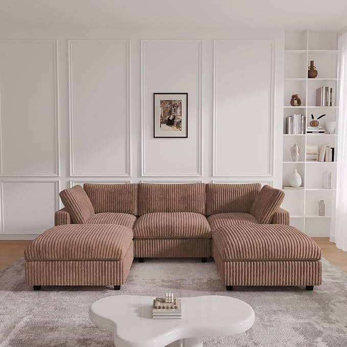 JACH 118" U Shape Modular Sofa for Living Room, Convertable Sectional Couch with Chaise Ottomans, Modern Deep Seat Sofas, Sofa Covers Washable, Minimalist Plush Couch for Living Room, Apartment, Brown