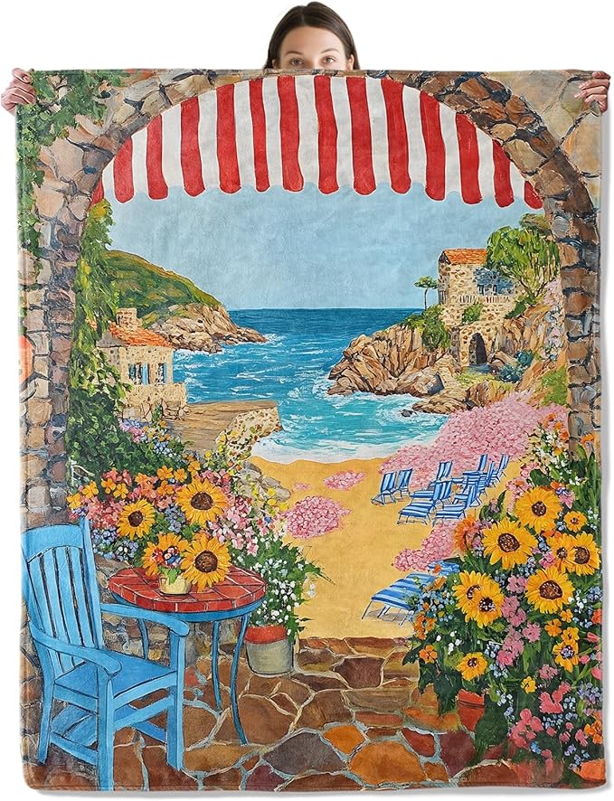 Seaside Scenery Blanket, Cozy Flannel Vibrant Coastal with Sunflowers Throw Blanket for Couch Outdoor, Plush Soft Lightweight Travel Blankets for Bed Decor and Gifts, for Women Adults 50"x60"