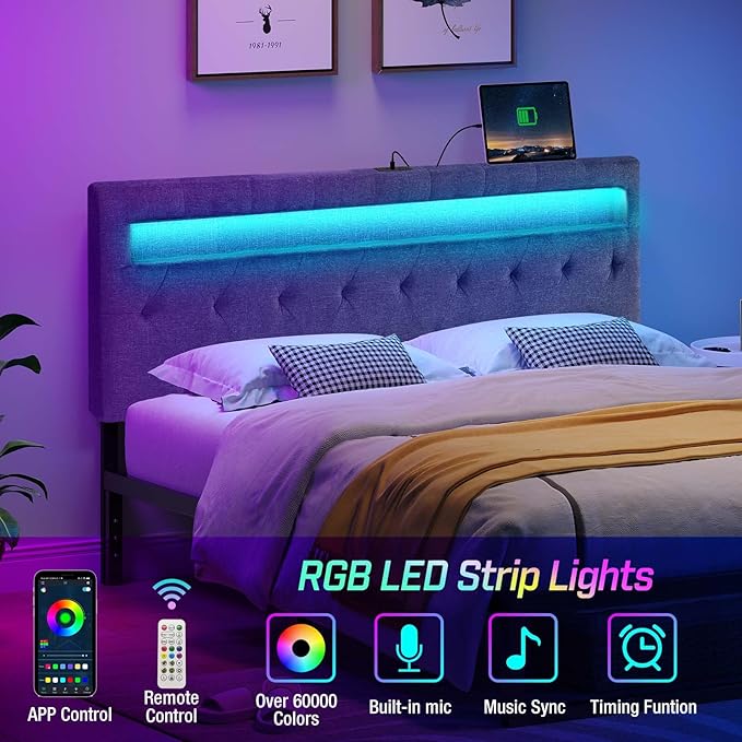 GREENSTELL Headboard for Queen Size Bed with 60,000 DIY Color of LED Light, USB & Type C Post, Attach Frame, Height Adjustable, Gray Wall Mounted Head Boards Only, Sturdy & Stable, Comfortable, Queen