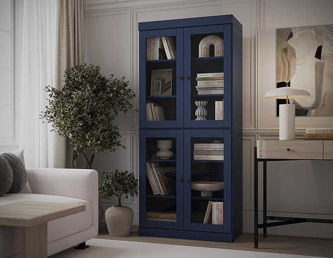 Palace Imports Solid Wood Bookcase - 6-Tier Bookshelf, 71.5” H x 32” W - Navy Blue, Clear Glass Cabinet Doors & Adjustable Shelves, Tall Bookcase, 100% Renewable Eco-Friendly Wood, Made in Brazil