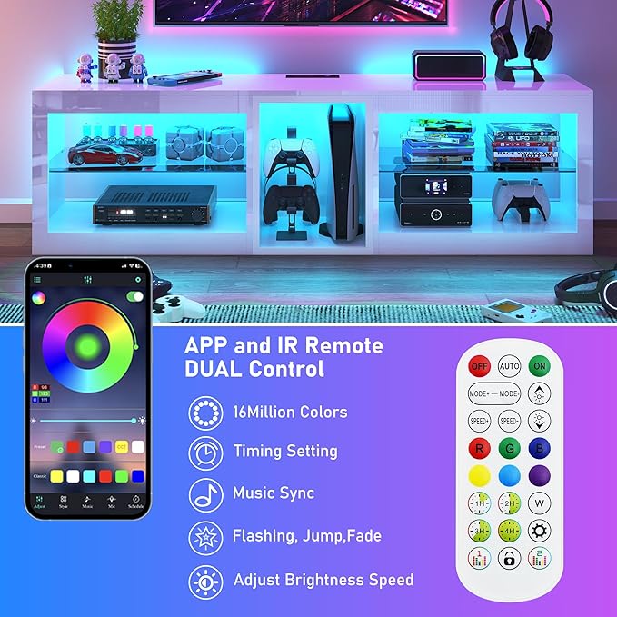 Vinctik 6&Fox LED TV Stands w/Power Outlet,60,00-Colors Lighting for 65 70in TV, 63" Modern High Gloss Entertainment Center,TV Console W/Adjustable Glass Shelves for Living Room Game Bedroom (White)