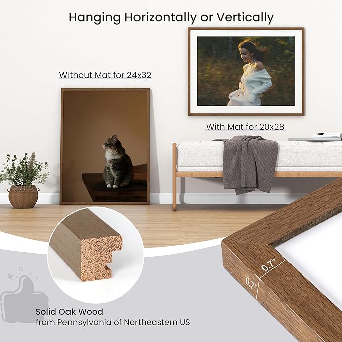 Axeman 24x32 Frame | Solid Oak Wood 24x32 Poster Frame With Mat for 20x28 | 32x24 Wood Picture Frame | Tempered Glass and Hanging Hardware Included Home Wall Decor Art Hanging Frame | Walnut