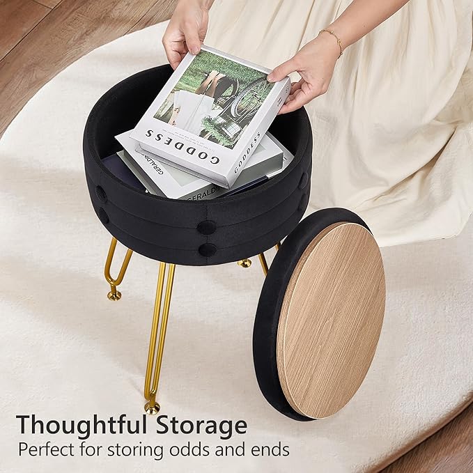 VECELO Round Vevlet Vanity Stool with Storage, 4 Metal Legs Vanity Seat with Anti-Slip Feet, Modern Vanity Chairs Footrest Furry Padded Seat, Space Saving, Easy to Clean for Makeup, Bedroom, Black