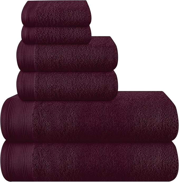 Ultra Soft 6 Pack Cotton Towel Set, Contains 2 Bath Towels 28x55 inch, 2 Hand Towels 16x24 inch & 2 Wash Coths 12x12 inch, Ideal Everyday use, Compact & Lightweight - Burgundy