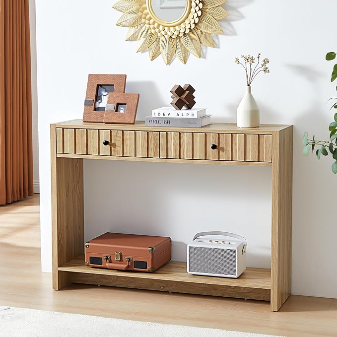 Console Table with Drawers, Narrow Mid-Century Fluted Entryway Table Sofa Table with Storage Shelf, Wood Entry Table Accent Behind Couch Ta ble for Entrance, Hallway, Living Room (Natural)