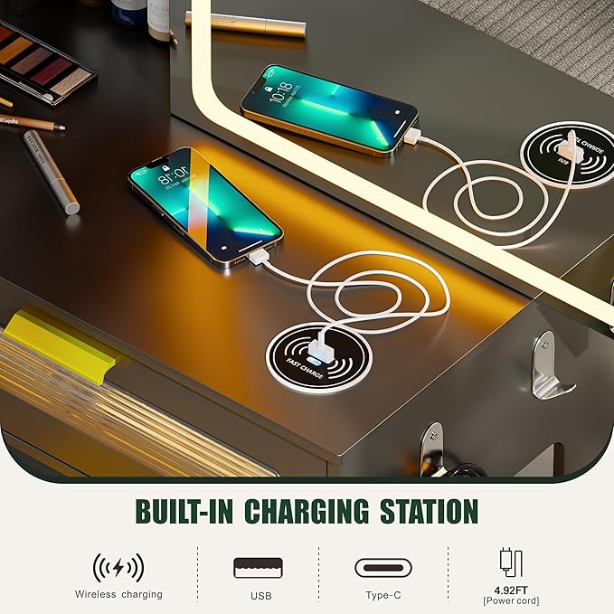 Vanity Desk with Sliding Vanity Mirror and RGB Lights,Makeup Vanity Desk with Charging Station,LED Vanity Table with Hidden Storage,Dressing Table Set with Stool&5 Drawers for Bedroom,Black