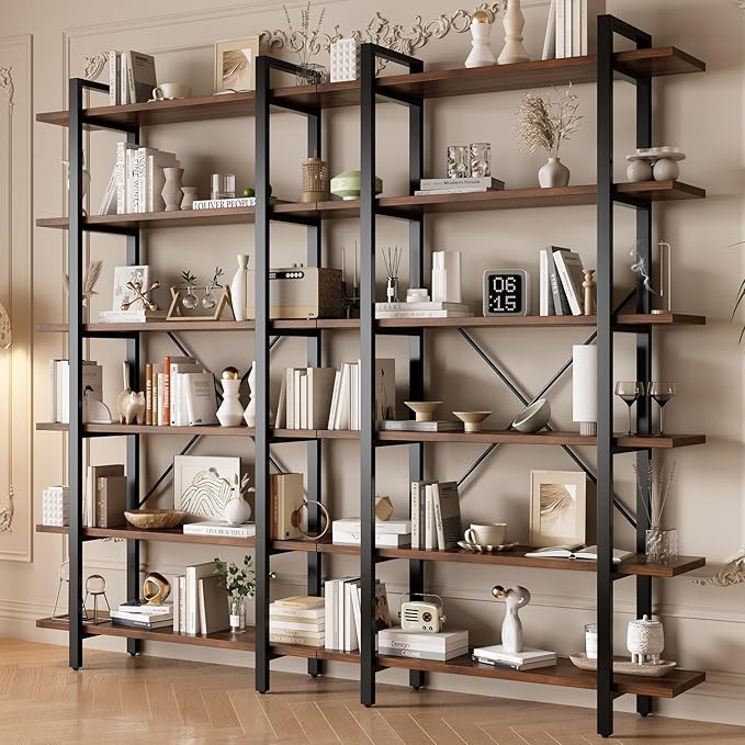 6 Tiers Bookshelf, Classically Modern White Bookshelf, Book Rack, Storage Rack Shelves in Living Room/Home/Office, Books Holder Organizer for Books/Movies (Dark Walnut, 6 Tiers)