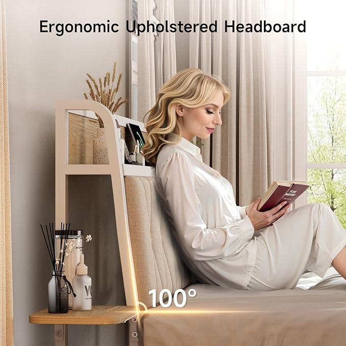 Queen Bed Frame with Side Storage Shelf, Ergonomic Upholstered Headboard with Charging Station, Queen Size Platform Bed Frame, Metal Slats Support, No Box Spring Needed, Easy Assembly, White