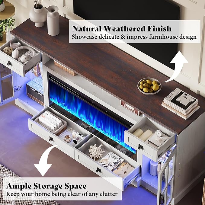 AMERLIFE 70“ Fireplace TV Stand for 80 Inch TV, Farmhouse TV Stand with 42" Fireplace & LED Lights, Entertainment Center with Storage Drawers & Cabinets, Antique White