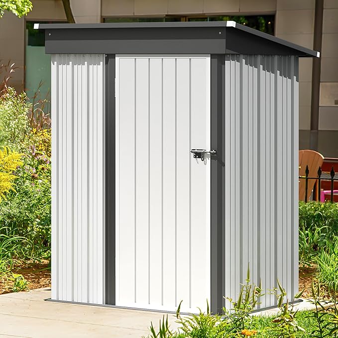 GUNJI 5 x 3 FT Shed Outdoor Storage Shed Metal Garden Shed with Lockable Door Outside Waterproof Tool Shed for Backyard, Patio, Lawn (White)
