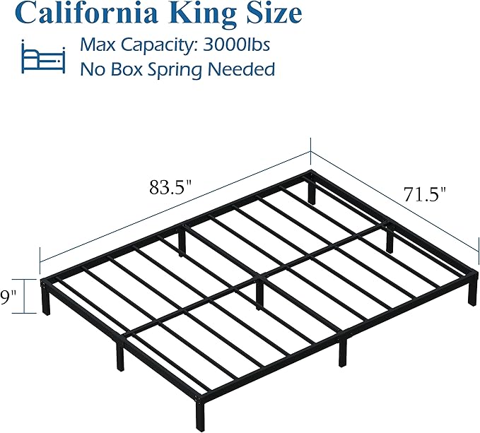 9 Inch California King Bed Frames Heavy Duty Low Profile Metal Platform No Box Spring Needed Mattress Foundation, Easy to Assembly, Noise Free, Black