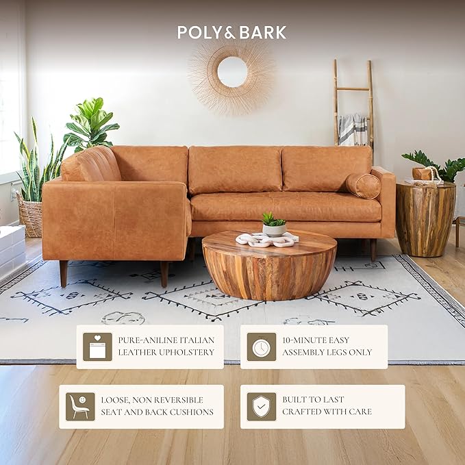 POLY & BARK Napa Leather Corner Sectional Sofa in Full-Grain Pure-Aniline Italian Tanned Leather in Cognac Tan