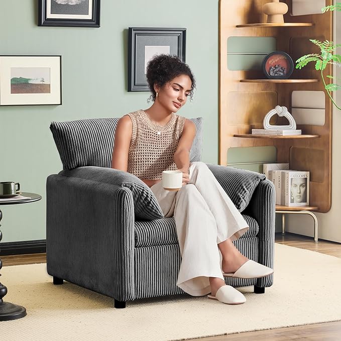 Corduroy Single Sofa Chair Modern Upholstered Accent Chair for Reading Comfy Living Room Chair with Side Pocket Oversized Armchair for Bedroom Lounge(Charcoal)