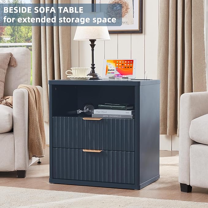 LEYAOYAO Fluted Nightstand with Charging Station, 23" Wide 2 Drawers End Table, Blue Night Stand with Open Storage Cabinet, Farmhouse Bed Side Tables, Wood Dresser for Bedroom, Living Room, Closet