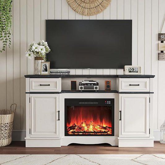 Maupvit Fireplace TV Stand for up to 65 inch TV, Entertainment Center with 23" Fireplace, Farmhouse TV Stands with Electric Fireplace, 2 Storage Cabinets, 2 Drawers for Living Room, White