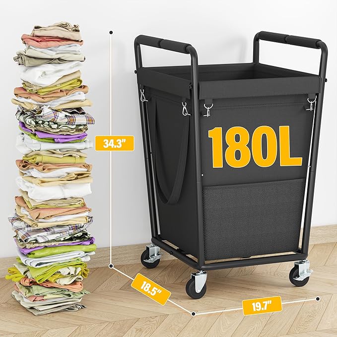 Laundry Basket with Wheels & Handles, 180L Laundry Cart with Removable Bag & Metal Frame for Clothes Storage, Laundry Room Organization Rolling Hamper with Wheels For Laundry, Dorm (Black)