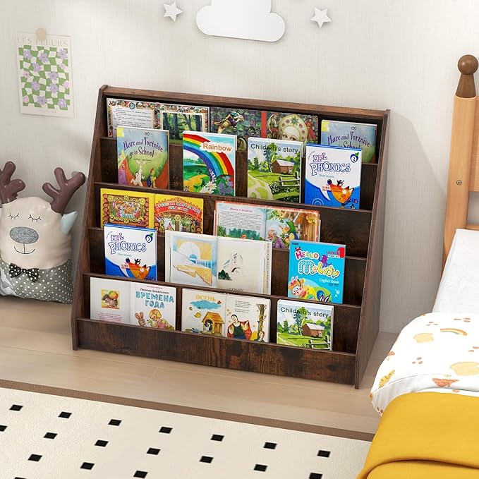 GLACER Kids Bookshelf, 5 Tier Wooden Montessori Book Display Rack, Front Facing Toddler Bookcase, Toy Storage Organizer, Book Shelf for Kids Rooms, Nursery, Classroom and Playroom (Rustic Brown)
