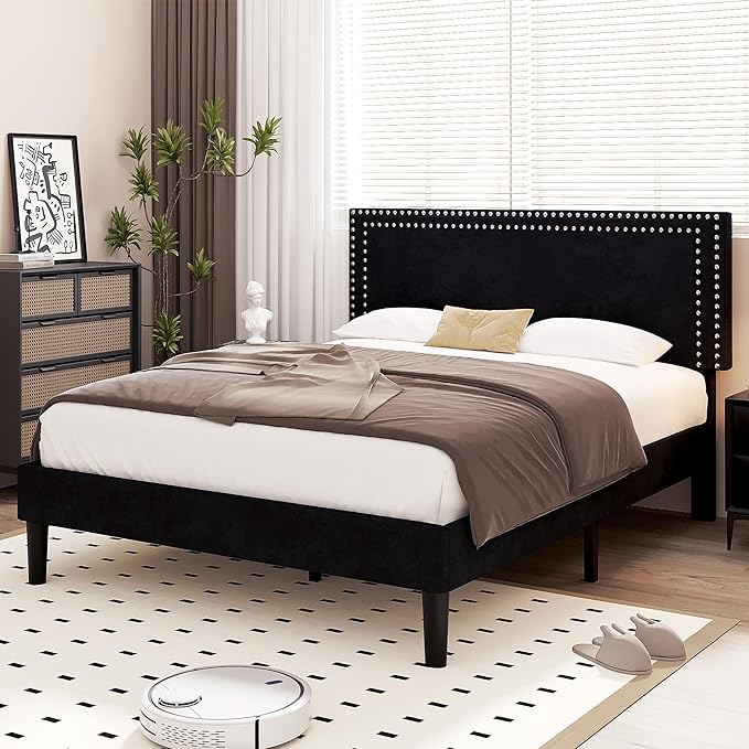 VECELO Full Size Bed Frame with Adjustable Upholstered Headboard, Wooden Slats Platform, Noise-Free Design, Easy Assembly