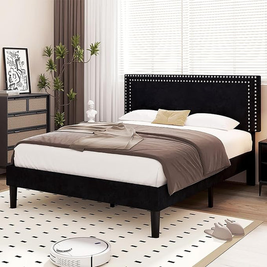 VECELO Queen Size Bed Frame with Adjustable Upholstered Headboard, Wooden Slats Platform, Noise-Free Design, Easy Assembly