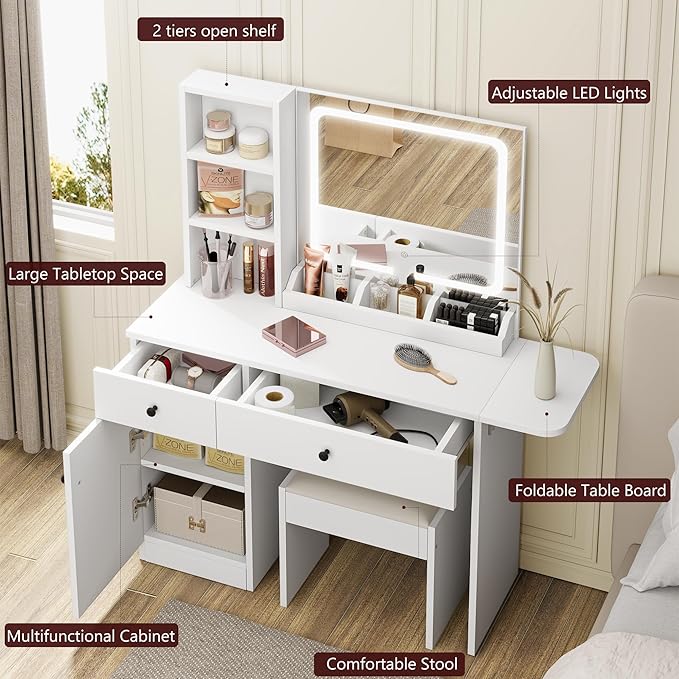 GarveeHome Makeup Vanity Desk with Mirror and Lights, Vanity Table Set with Drawer & Power Outlet ＆ Chair & 3 Shelves, Bedroom, White