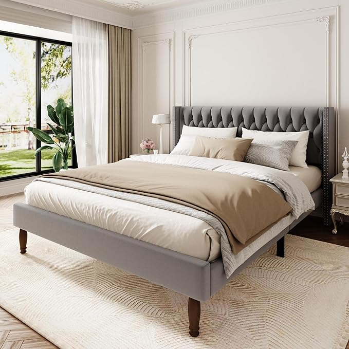 King Size Velvet Upholstered Bed Frame, 49.2" Tall Wingback Headboard, Deep Button Tufted, No Box Spring Needed, Solid Wood Legs, Grey