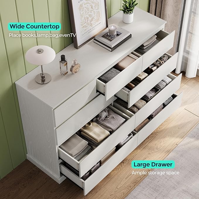 LINSY HOME 9 Drawer Dresser for Bedroom, 53" Wide Chest of Deep Drawers, Modern Farmhouse TV Stand Dressers with Storage, Large Drawer Organizer for Bedroom, Living Room, Handless Design, White